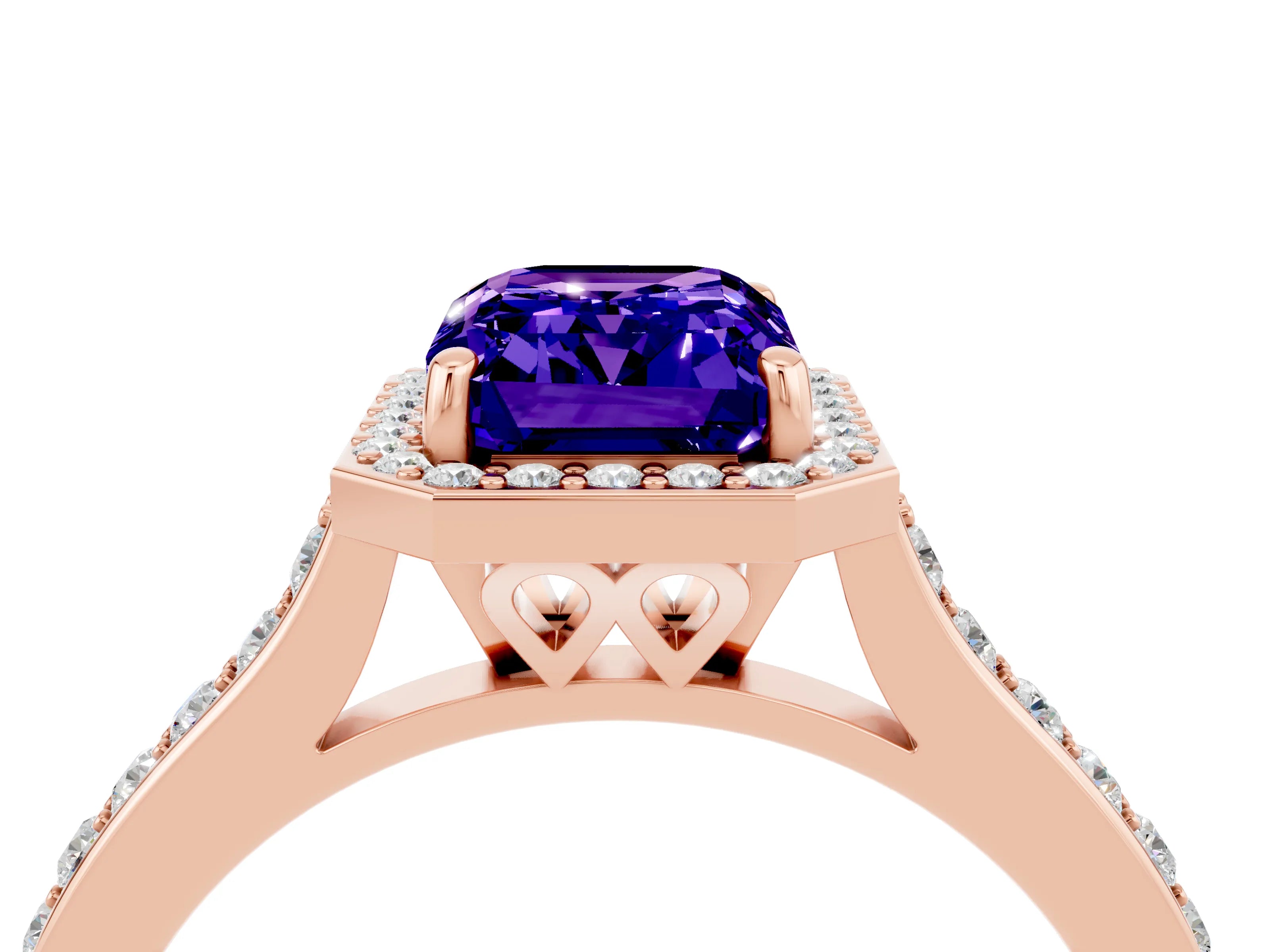 Rose gold Emerald Cut Halo Round Diamond Pavé Band with Four-Prong Setting_4