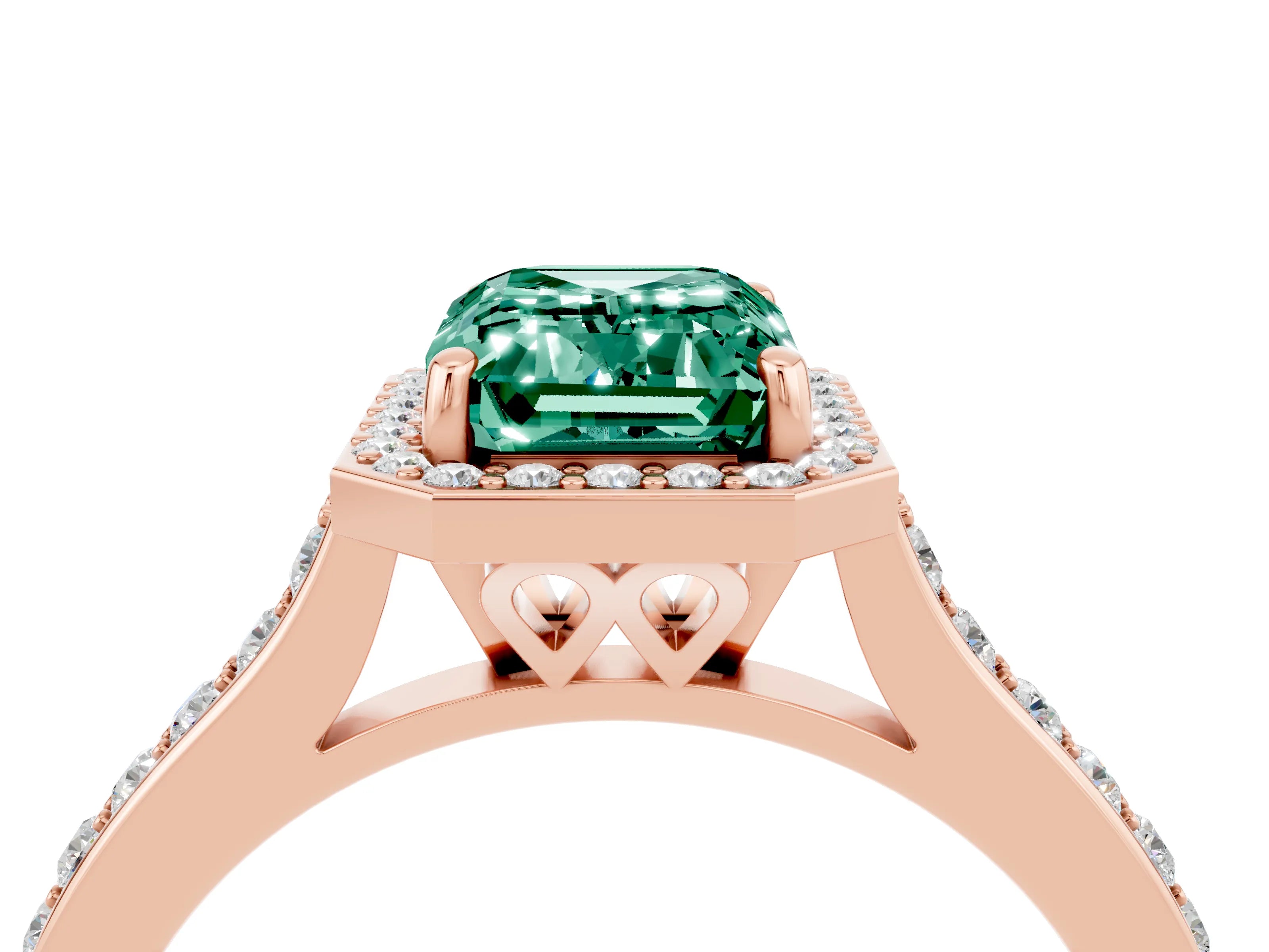 Rose gold Emerald Cut Halo Round Diamond Pavé Band with Four-Prong Setting_4
