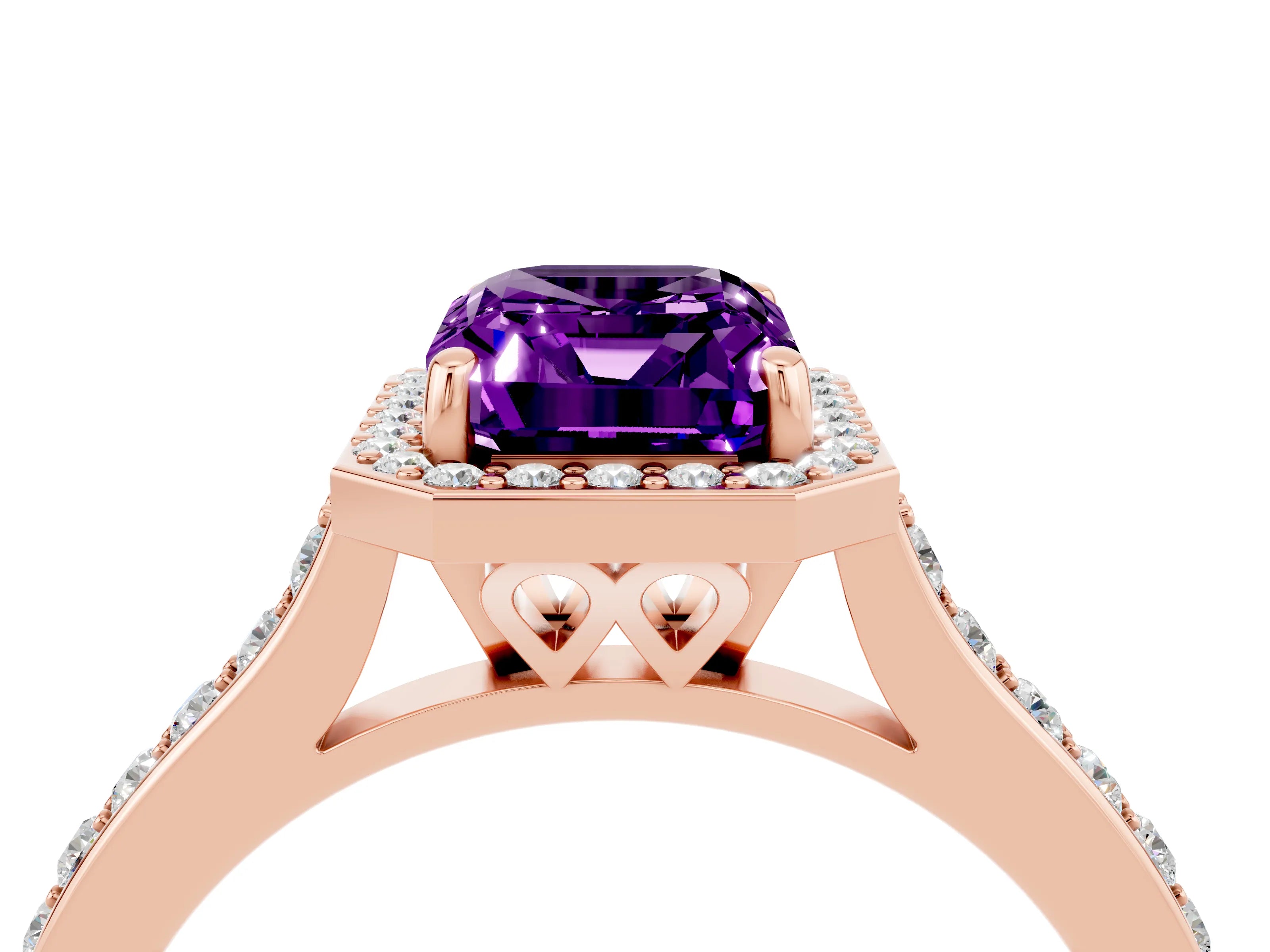 Rose gold Emerald Cut Halo Round Diamond Pavé Band with Four-Prong Setting_4
