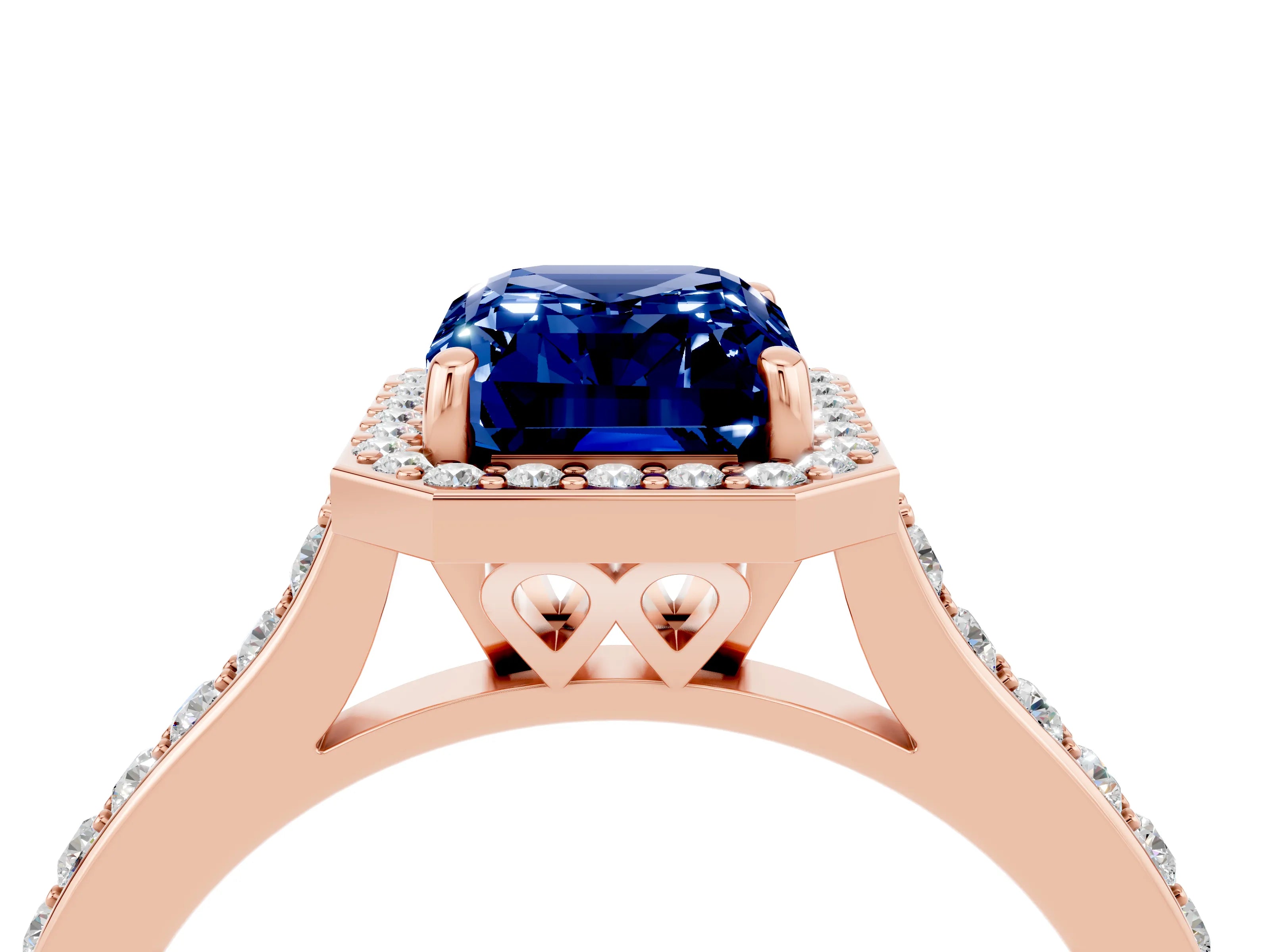 Rose gold Emerald Cut Halo Round Diamond Pavé Band with Four-Prong Setting_4