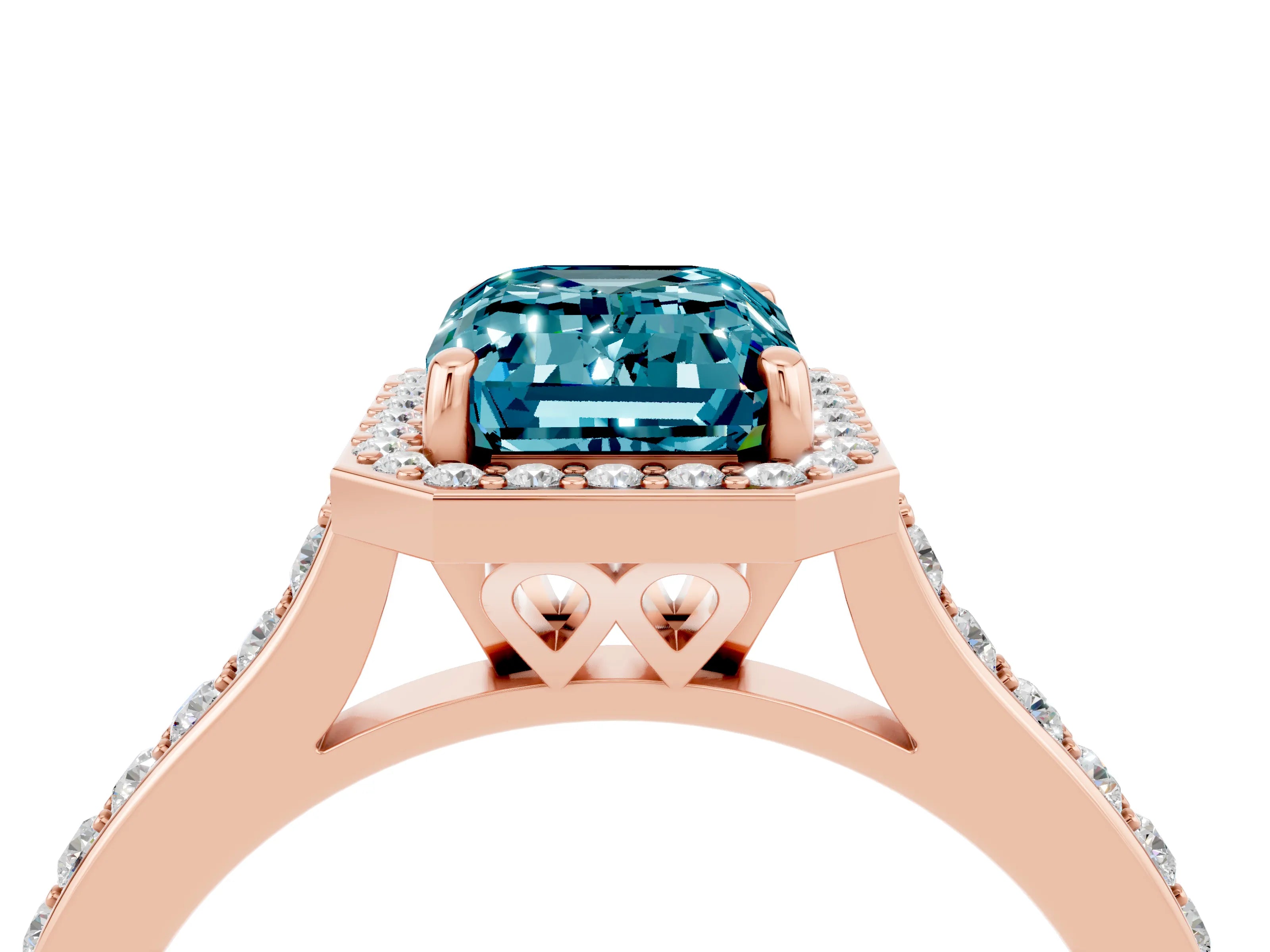 Rose gold Emerald Cut Halo Round Diamond Pavé Band with Four-Prong Setting_4