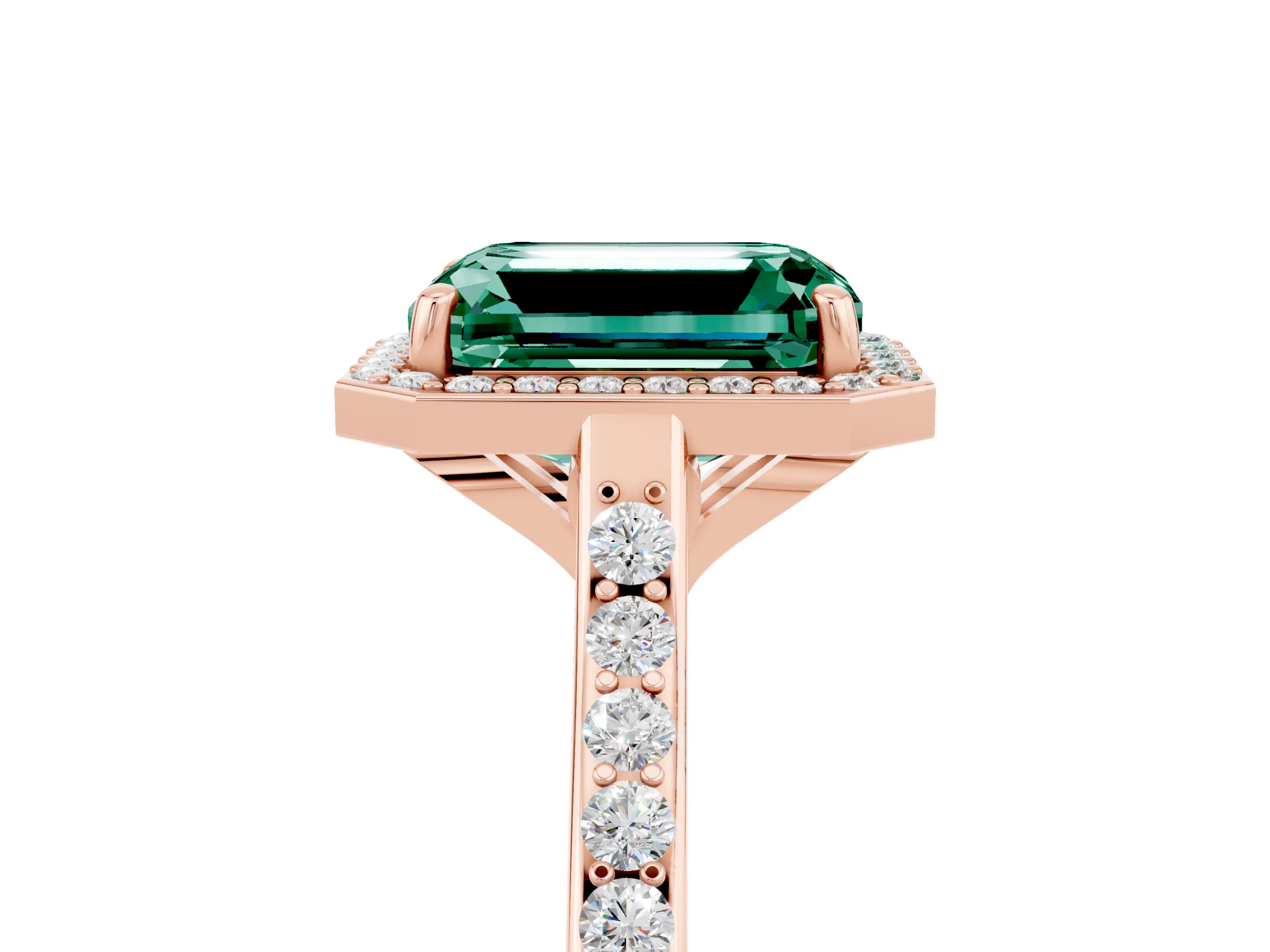 Rose gold Emerald Cut Halo Round Diamond Pavé Band with Four-Prong Setting_5