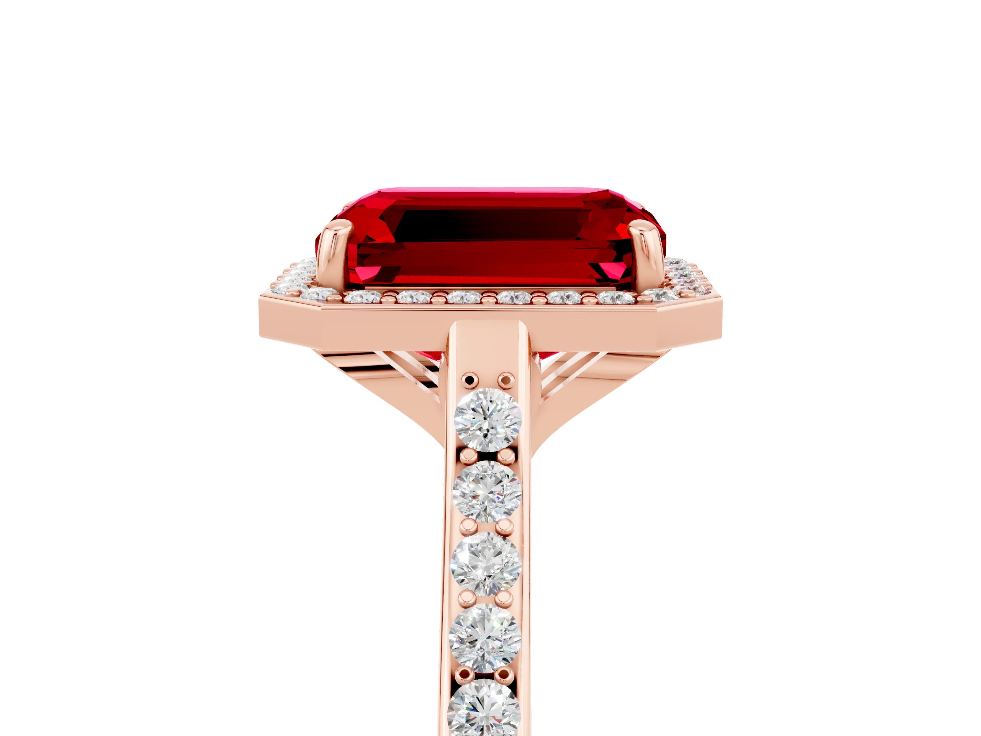 Rose gold Emerald Cut Halo Round Diamond Pavé Band with Four-Prong Setting_5