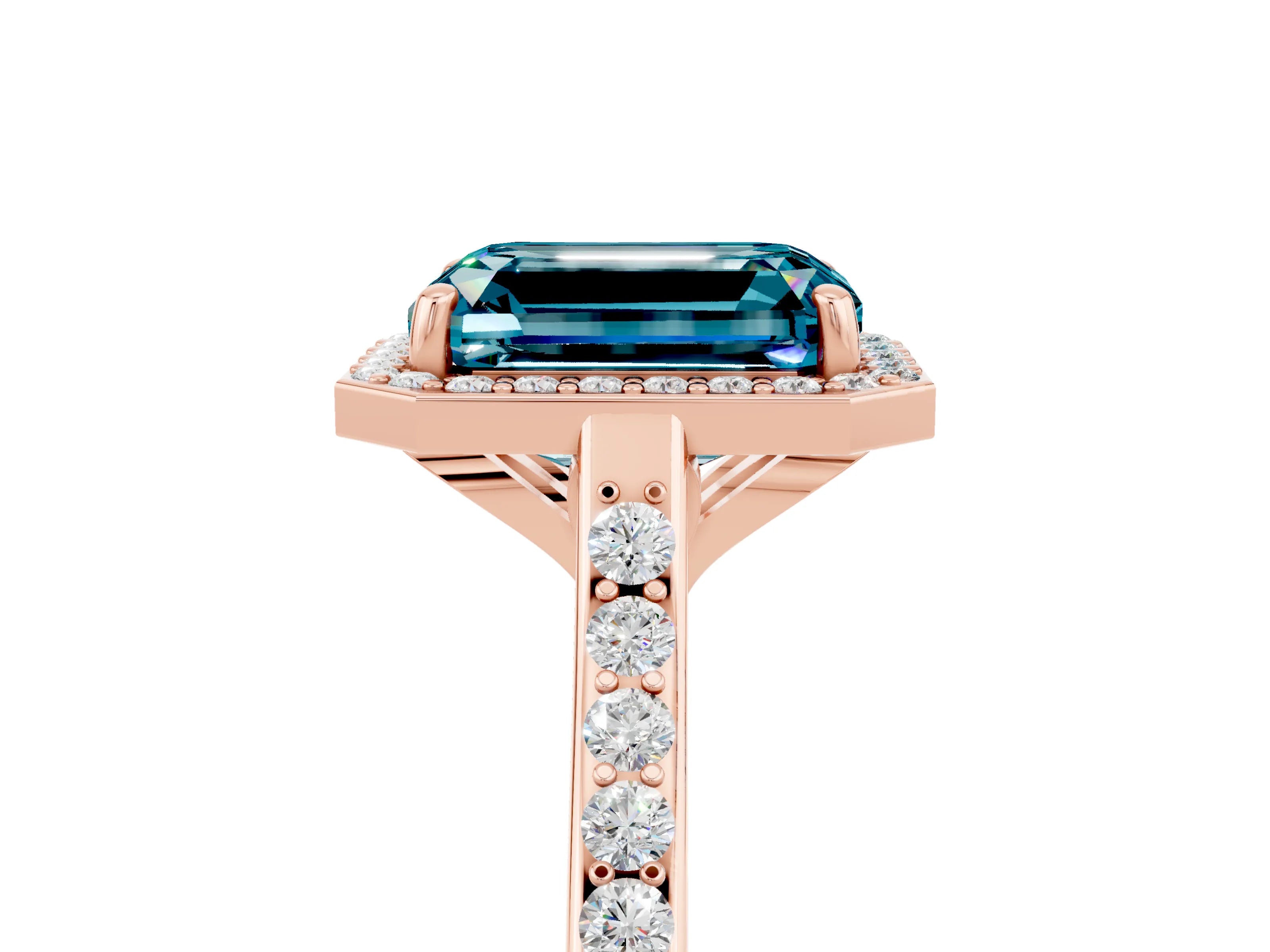 Rose gold Emerald Cut Halo Round Diamond Pavé Band with Four-Prong Setting_5
