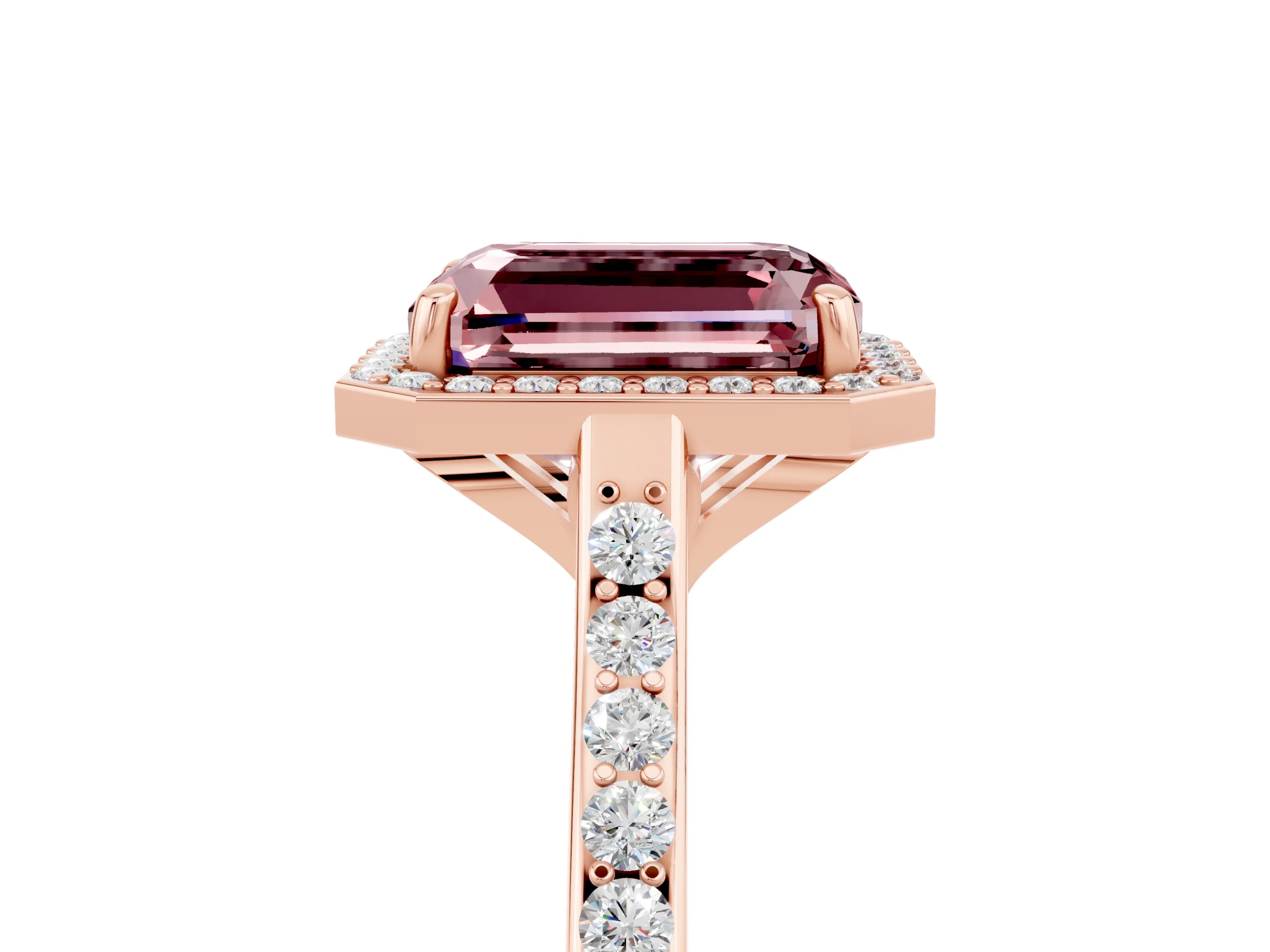 Rose gold Emerald Cut Halo Round Diamond Pavé Band with Four-Prong Setting_5