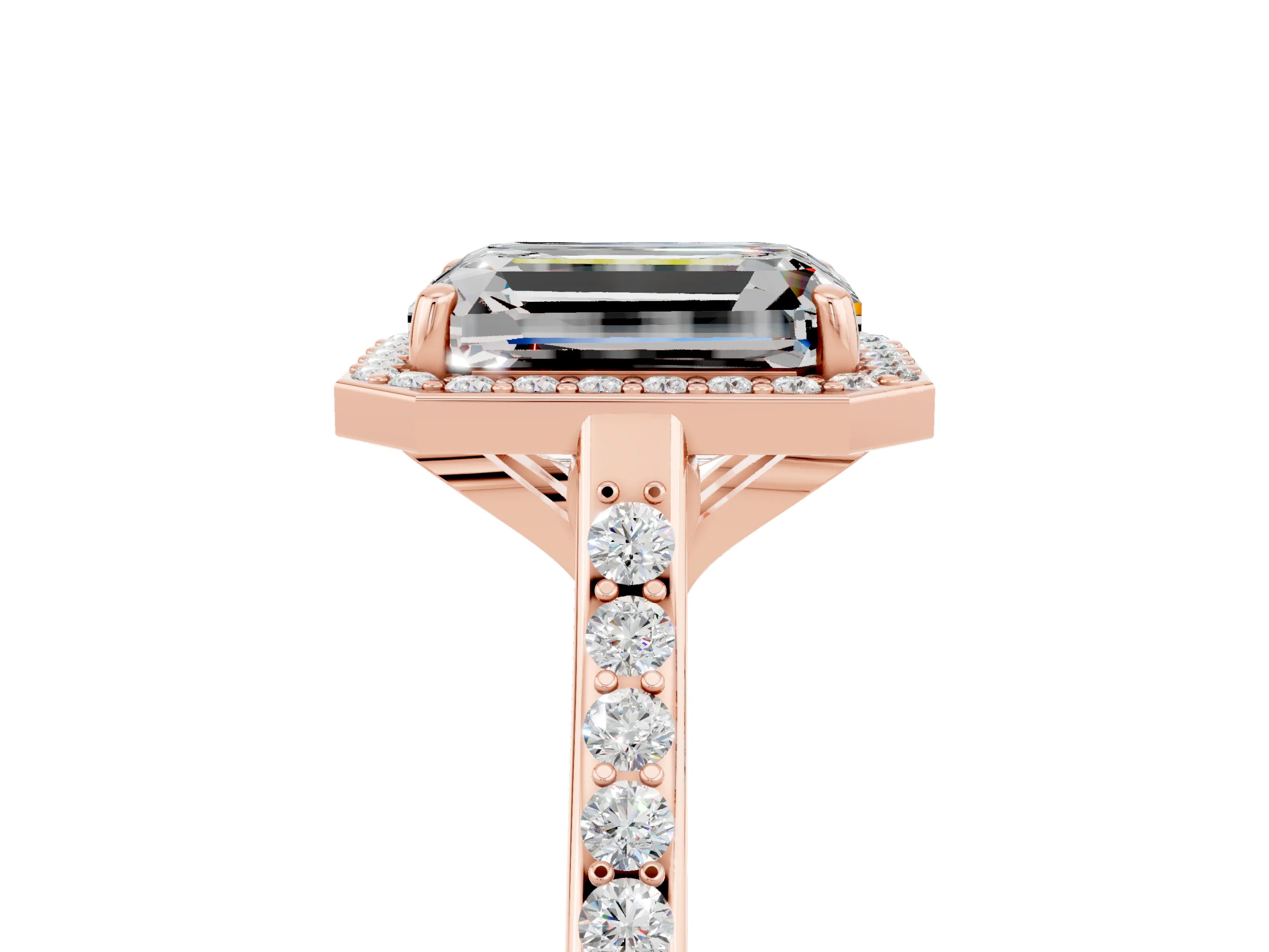 Rose gold Emerald Cut Halo Round Diamond Pavé Band with Four-Prong Setting_5