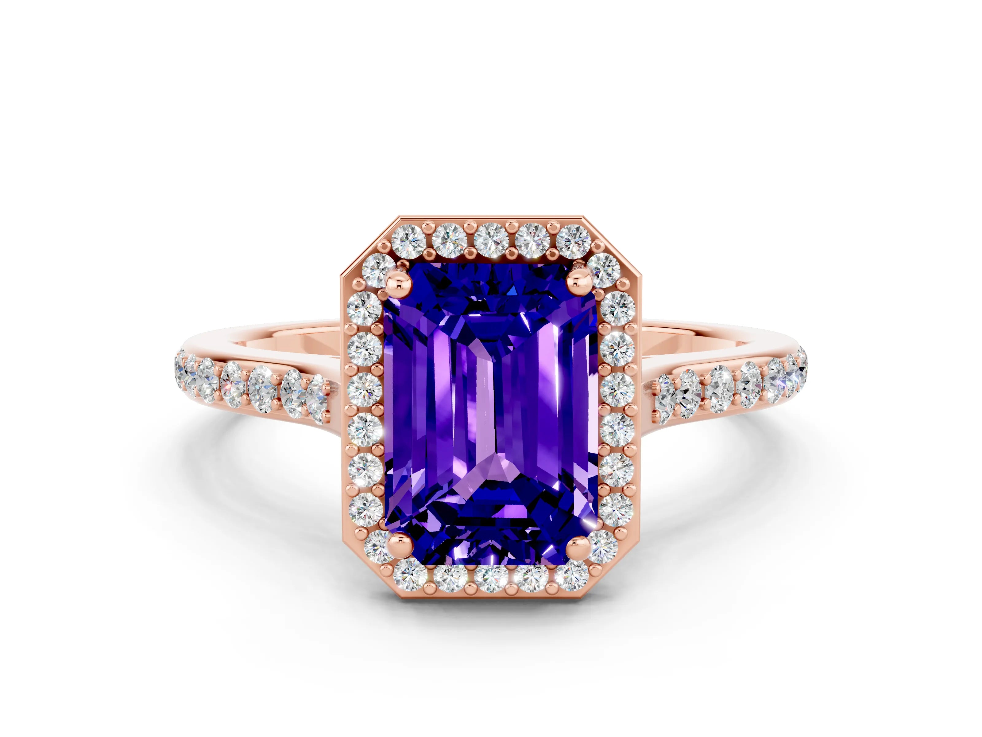Rose gold Emerald Cut Halo Round Diamond Pavé Band with Four-Prong Setting