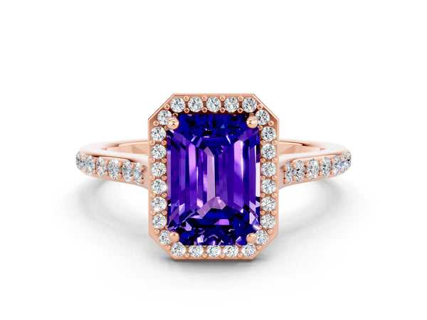 Rose gold Emerald Cut Tanzanite Halo Engagement Ring with Round Pavé Shoulders and Prong Setting