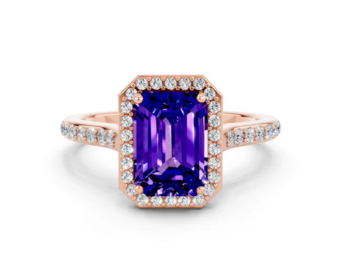 Rose gold Emerald Cut Halo Round Diamond Pavé Band with Four-Prong Setting