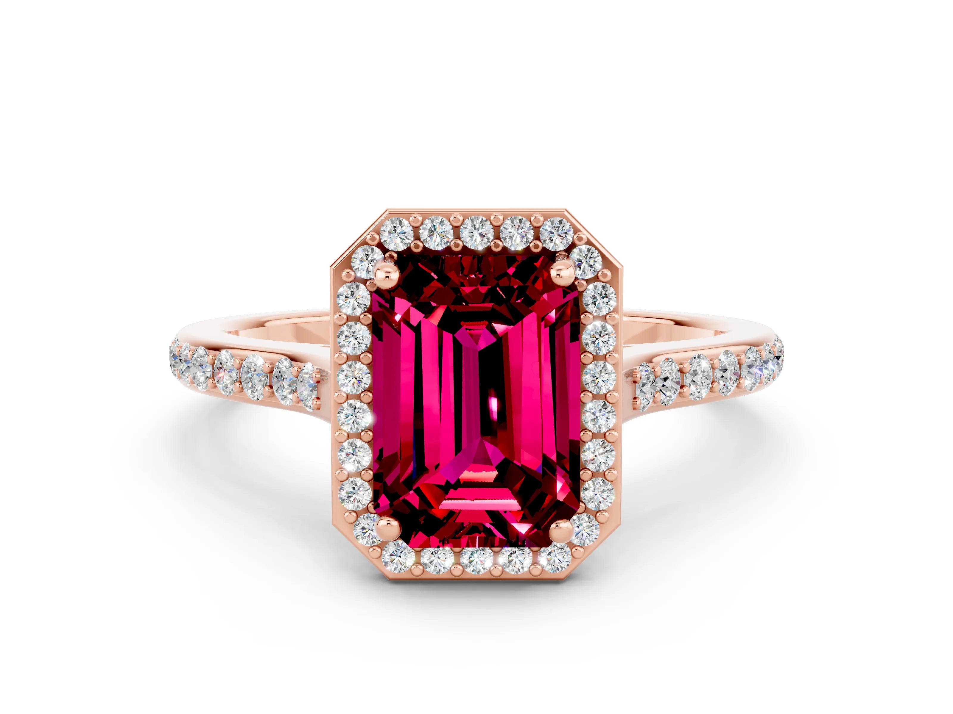 Rose gold Emerald Cut Halo Round Diamond Pavé Band with Four-Prong Setting