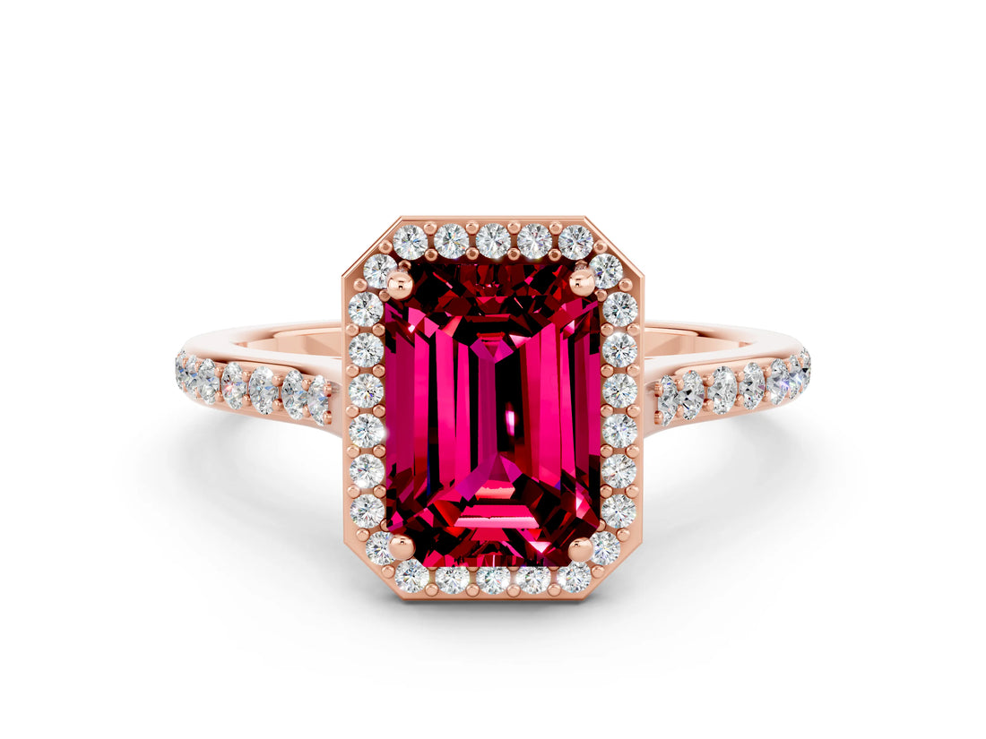 Rose gold Emerald Cut Halo Round Diamond Pavé Band with Four-Prong Setting