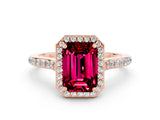 Rose gold Emerald Cut Halo Round Diamond Pavé Band with Four-Prong Setting