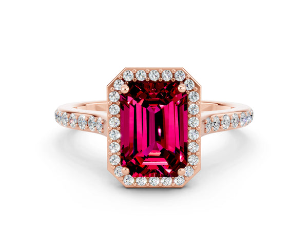 Rose gold Emerald Cut Garnet Halo Engagement Ring with Round Pavé Shoulders and Prong Setting