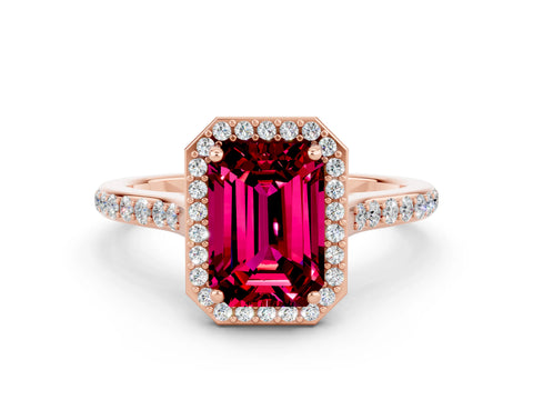 Rose gold Emerald Cut Halo Round Diamond Pavé Band with Four-Prong Setting
