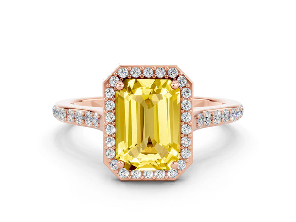Rose gold Emerald Cut Yellow Sapphire Halo Engagement Ring with Round Pavé Shoulders and Prong Setting