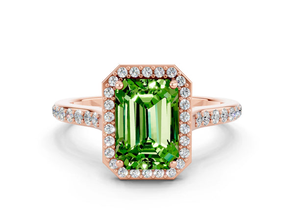 Rose gold Emerald Cut Halo Round Diamond Pavé Band with Four-Prong Setting