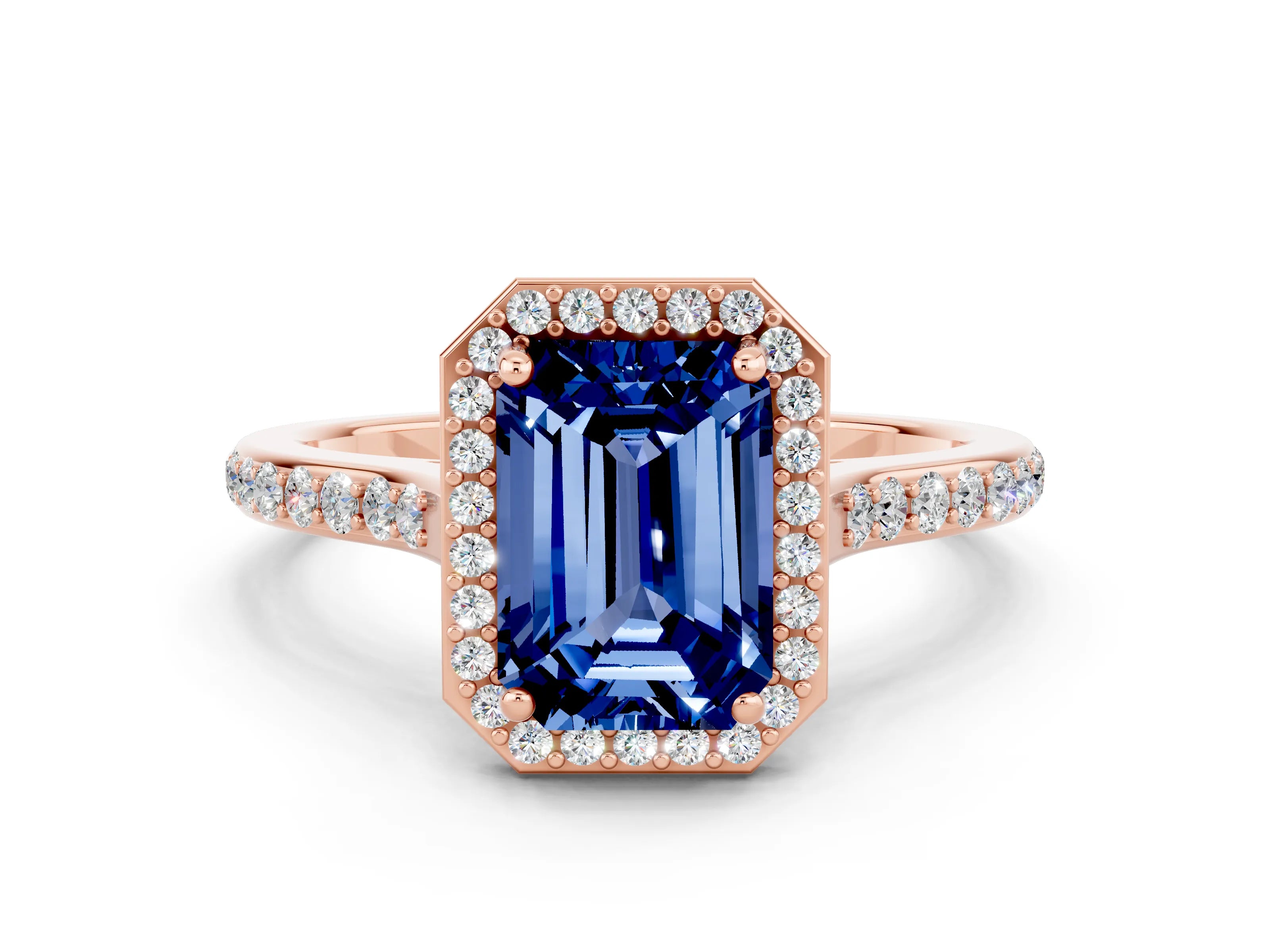 Rose gold Emerald Cut Halo Round Diamond Pavé Band with Four-Prong Setting