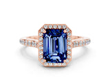 Rose gold Emerald Cut Halo Round Diamond Pavé Band with Four-Prong Setting
