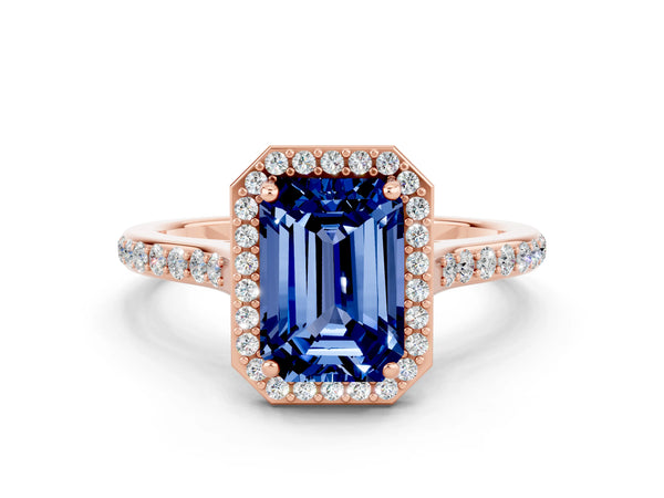 Rose gold Emerald Cut Blue Sapphire Halo Engagement Ring with Round Pavé Shoulders and Prong Setting