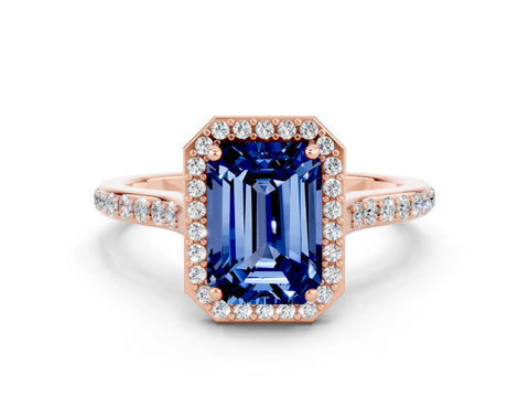 Rose gold Emerald Cut Halo Round Diamond Pavé Band with Four-Prong Setting