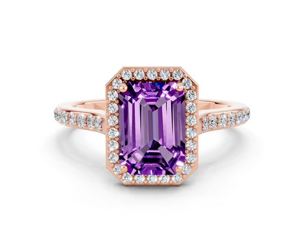 Rose gold Emerald Cut Amethyst Halo Engagement Ring with Round Pavé Shoulders and Prong Setting