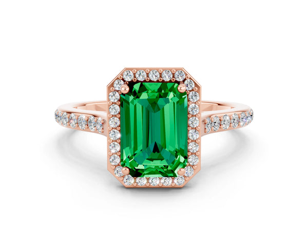 Rose gold Emerald Cut Emerald Halo Engagement Ring with Round Pavé Shoulders and Prong Setting