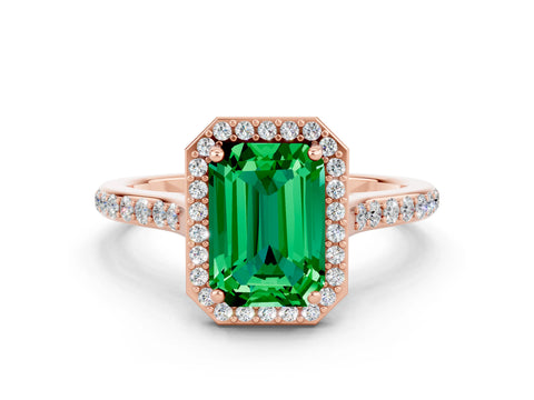 Rose gold Emerald Cut Halo Round Diamond Pavé Band with Four-Prong Setting