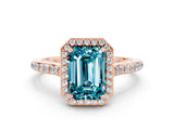 Rose gold Emerald Cut Halo Round Diamond Pavé Band with Four-Prong Setting