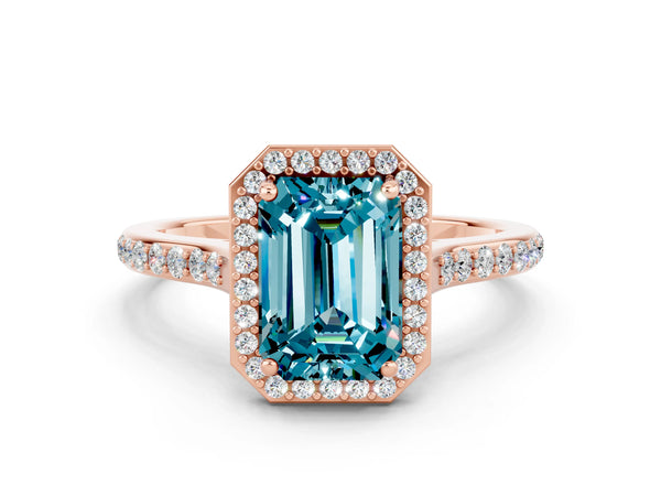 Rose gold Emerald Cut Halo Round Diamond Pavé Band with Four-Prong Setting