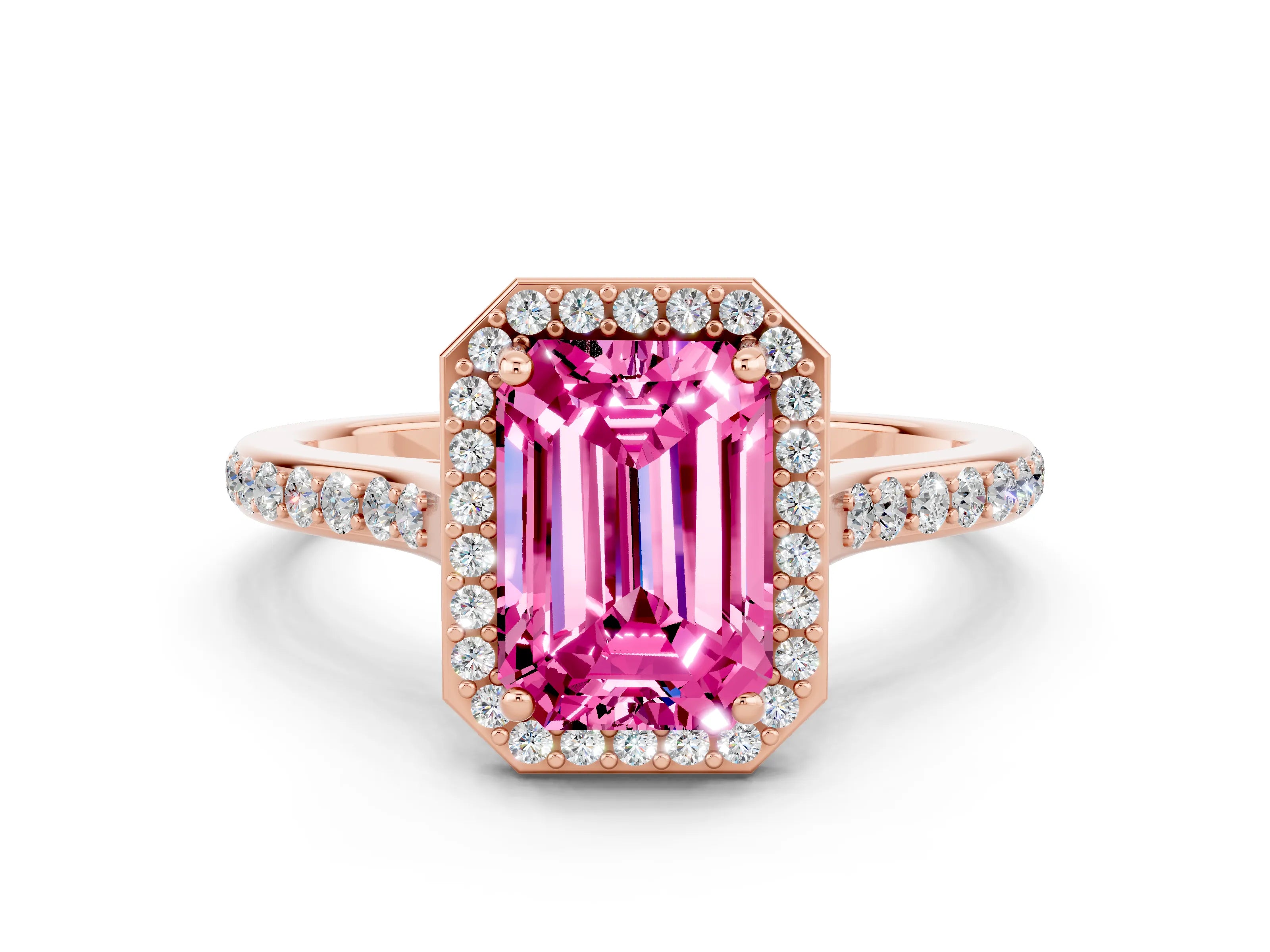 Rose gold Emerald Cut Halo Round Diamond Pavé Band with Four-Prong Setting