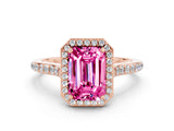 Rose gold Emerald Cut Halo Round Diamond Pavé Band with Four-Prong Setting