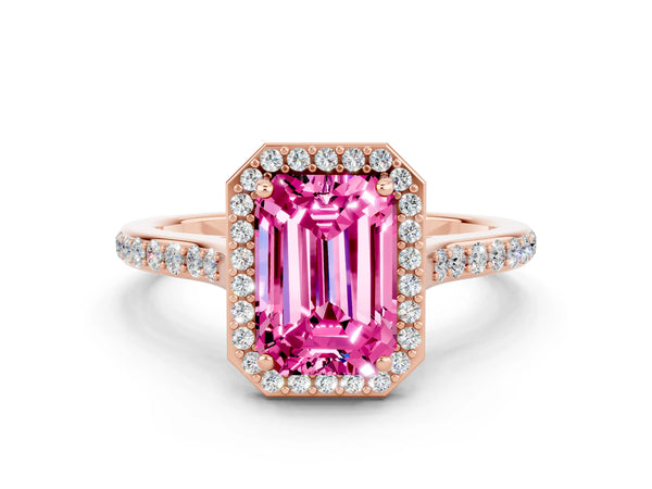 Rose gold Emerald Cut Pink Sapphire Halo Engagement Ring with Round Pavé Shoulders and Prong Setting