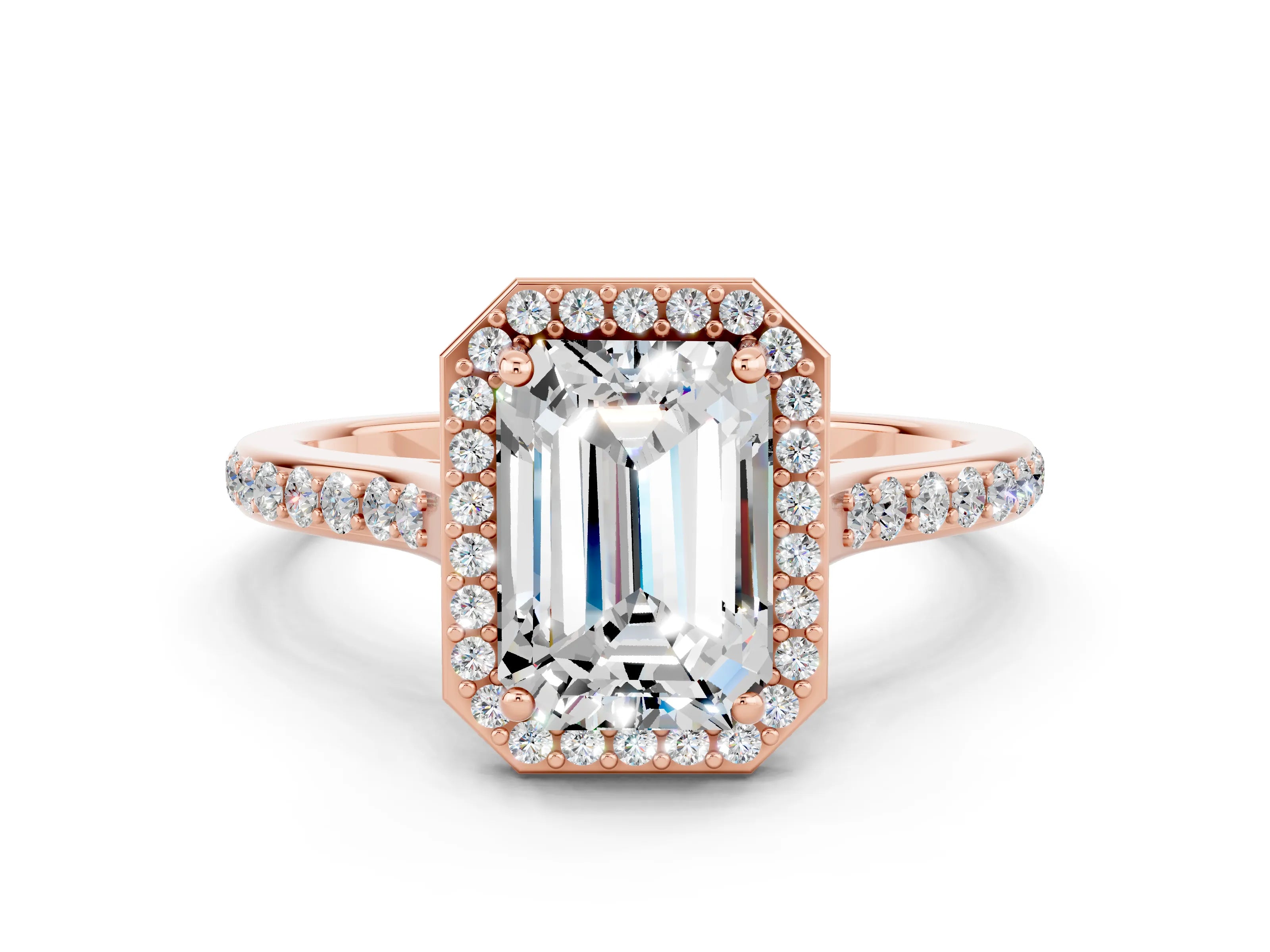 Rose gold Emerald Cut Halo Round Diamond Pavé Band with Four-Prong Setting