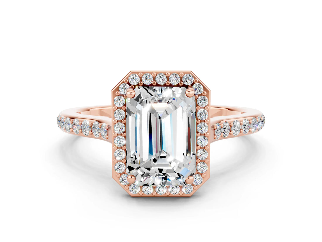 Rose gold Emerald Cut Halo Round Diamond Pavé Band with Four-Prong Setting