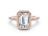 Rose gold Emerald Cut Halo Round Diamond Pavé Band with Four-Prong Setting