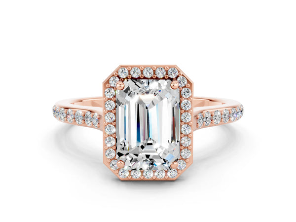 Rose gold Emerald Cut Moissanite Halo Engagement Ring with Round Pavé Shoulders and Prong Setting