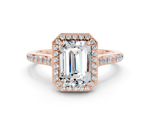 Rose gold Emerald Cut Halo Round Diamond Pavé Band with Four-Prong Setting