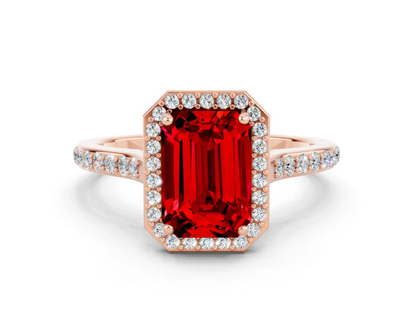 Rose gold Emerald Cut Halo Round Diamond Pavé Band with Four-Prong Setting