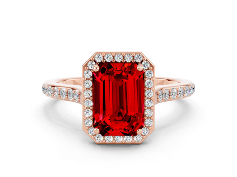 Rose gold Emerald Cut Halo Round Diamond Pavé Band with Four-Prong Setting