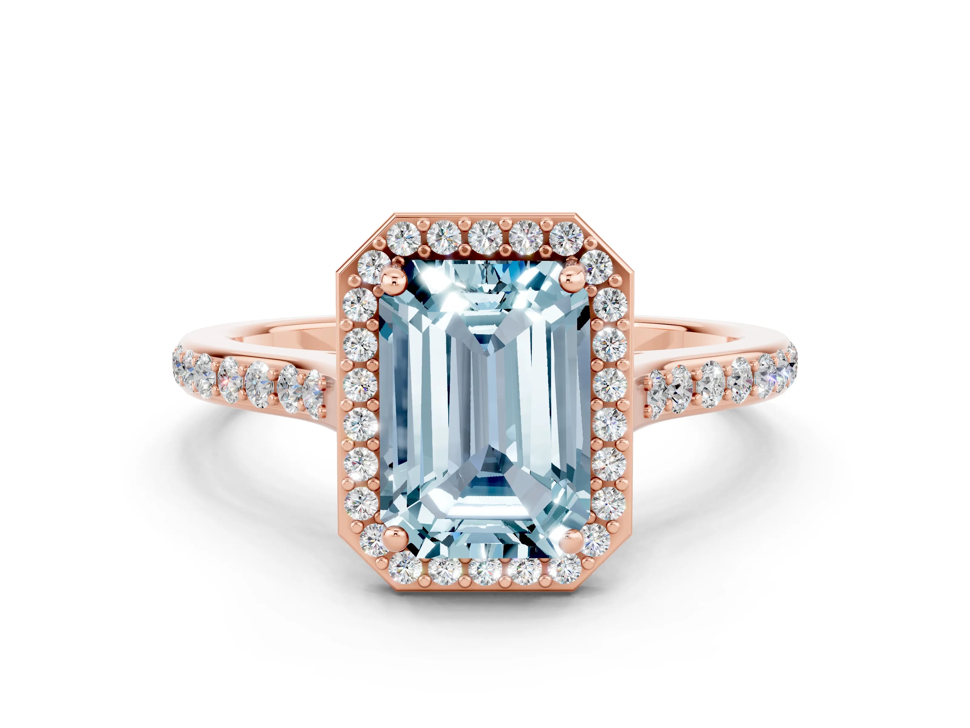 Rose gold Emerald Cut Halo Round Diamond Pavé Band with Four-Prong Setting