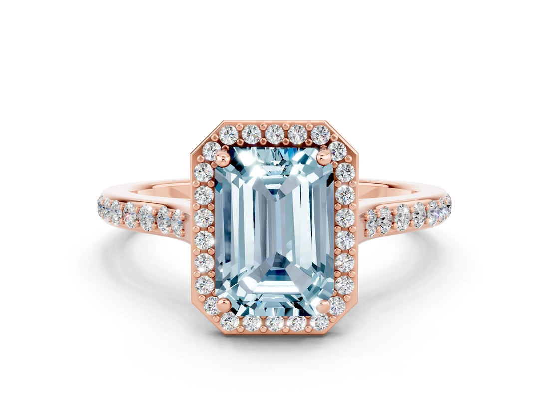 Rose gold Emerald Cut Halo Round Diamond Pavé Band with Four-Prong Setting