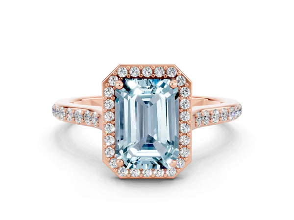Rose gold Emerald Cut Aquamarine Halo Engagement Ring with Round Pavé Shoulders and Prong Setting