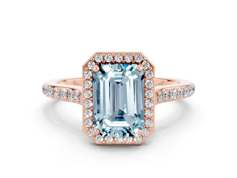 Rose gold Emerald Cut Halo Round Diamond Pavé Band with Four-Prong Setting