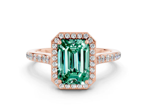 Rose gold Emerald Cut Halo Round Diamond Pavé Band with Four-Prong Setting