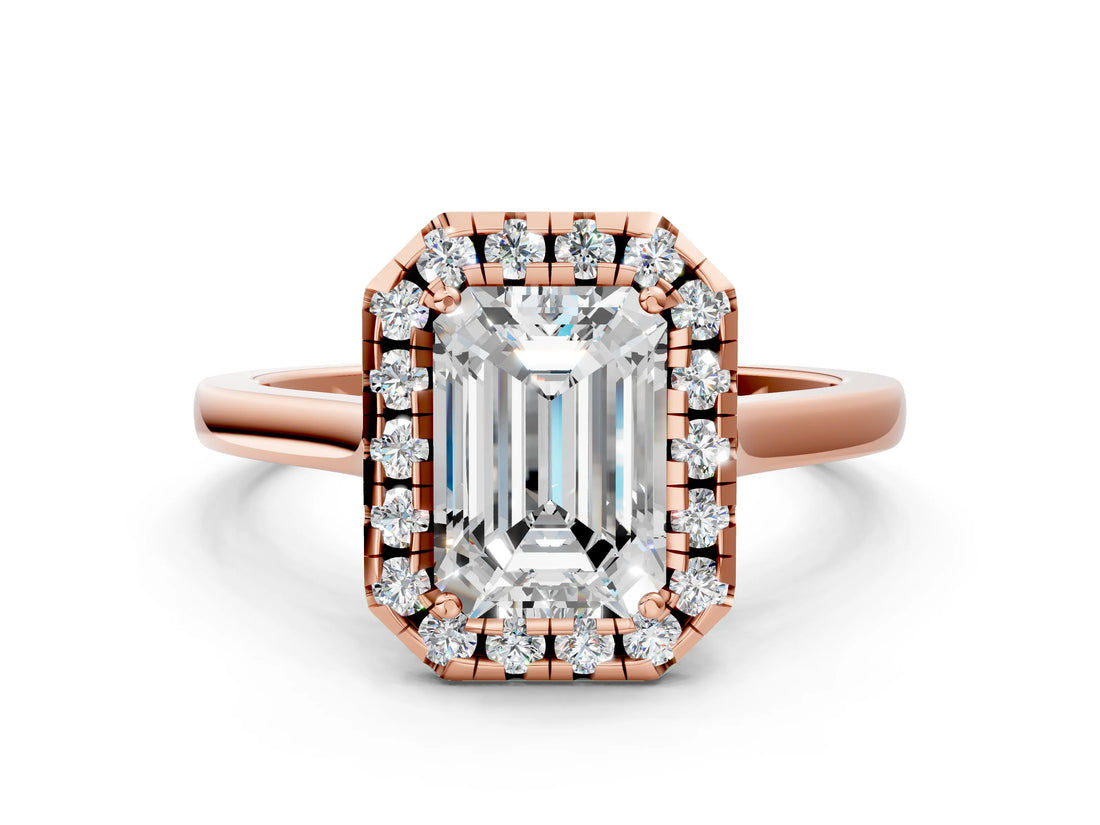 Rose gold Emerald Cut Halo Round Diamond Solitaire Ring with Pavé Band and Four-Prong Setting