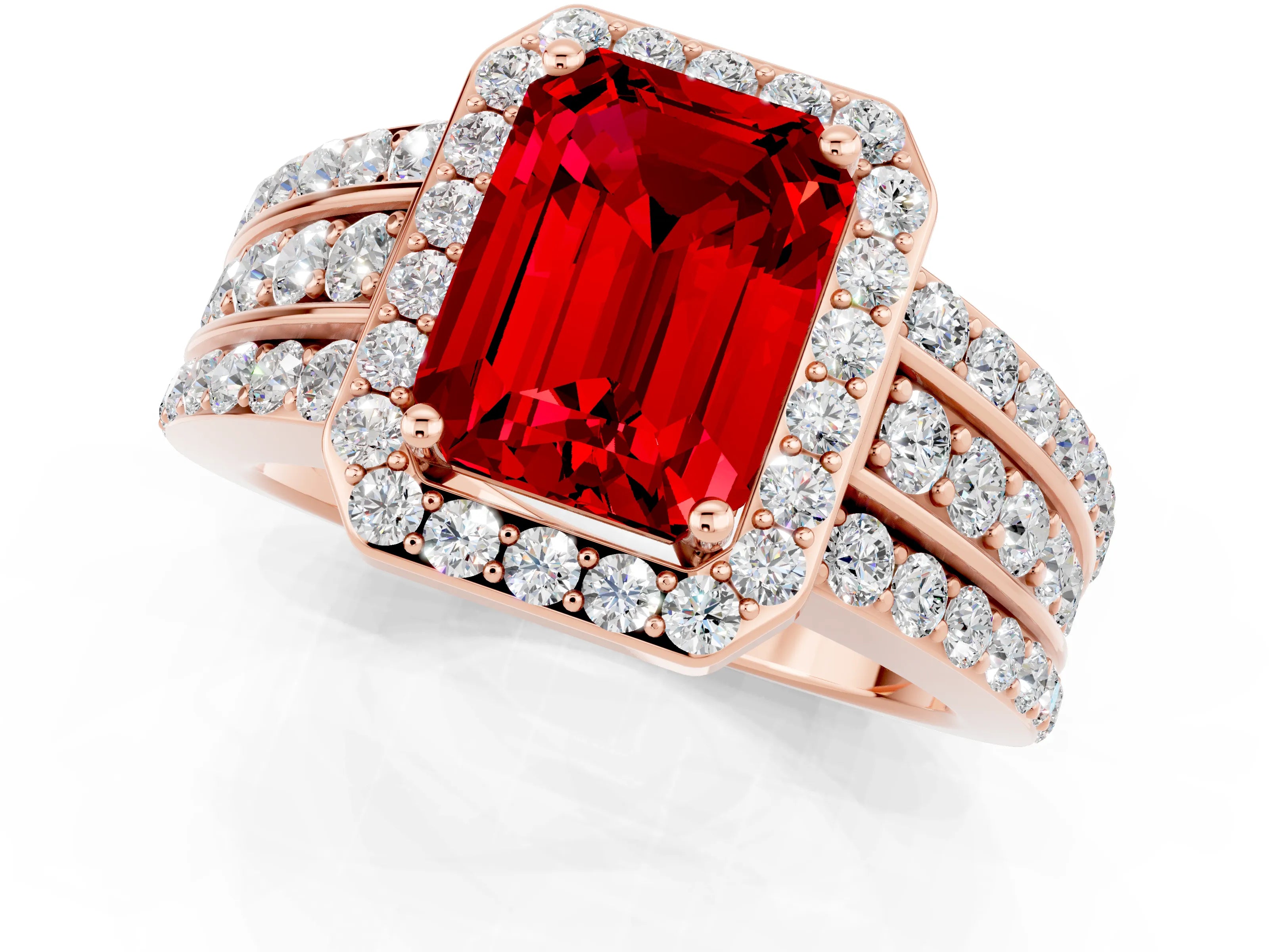 Rose gold Emerald Cut Halo Ruby Ring with Split Shank and Four-Prong Setting_1