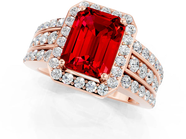 Rose gold Emerald Cut Halo Ruby Ring with Round  Split Shank and Prong Setting