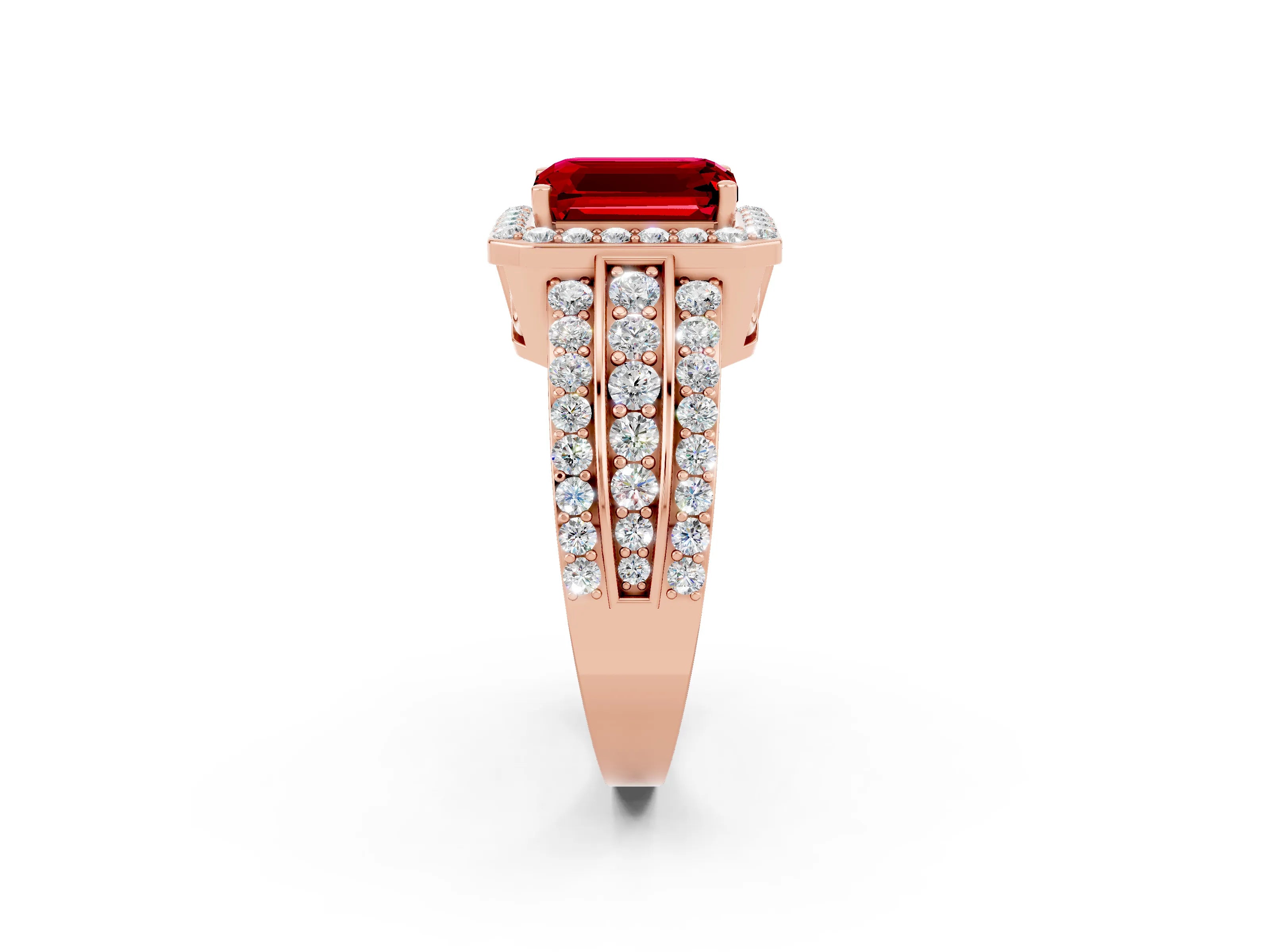Rose gold Emerald Cut Halo Ruby Ring with Split Shank and Four-Prong Setting_2