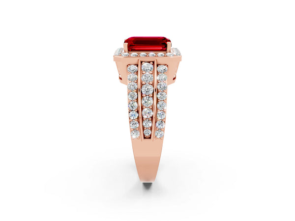 Rose gold Emerald Cut Halo Ruby Ring with Round  Split Shank and Prong Setting