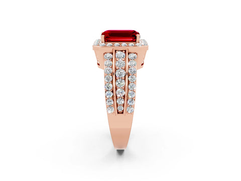 Rose gold Emerald Cut Halo Ruby Ring with Split Shank and Four-Prong Setting_2